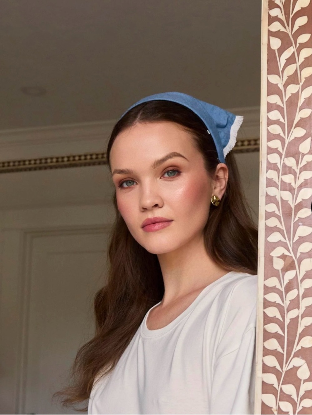 Lele Sadoughi LIGHT DENIM JACKIE CHAMBRAY HANDKERCHIEF HEADBAND + lace headband